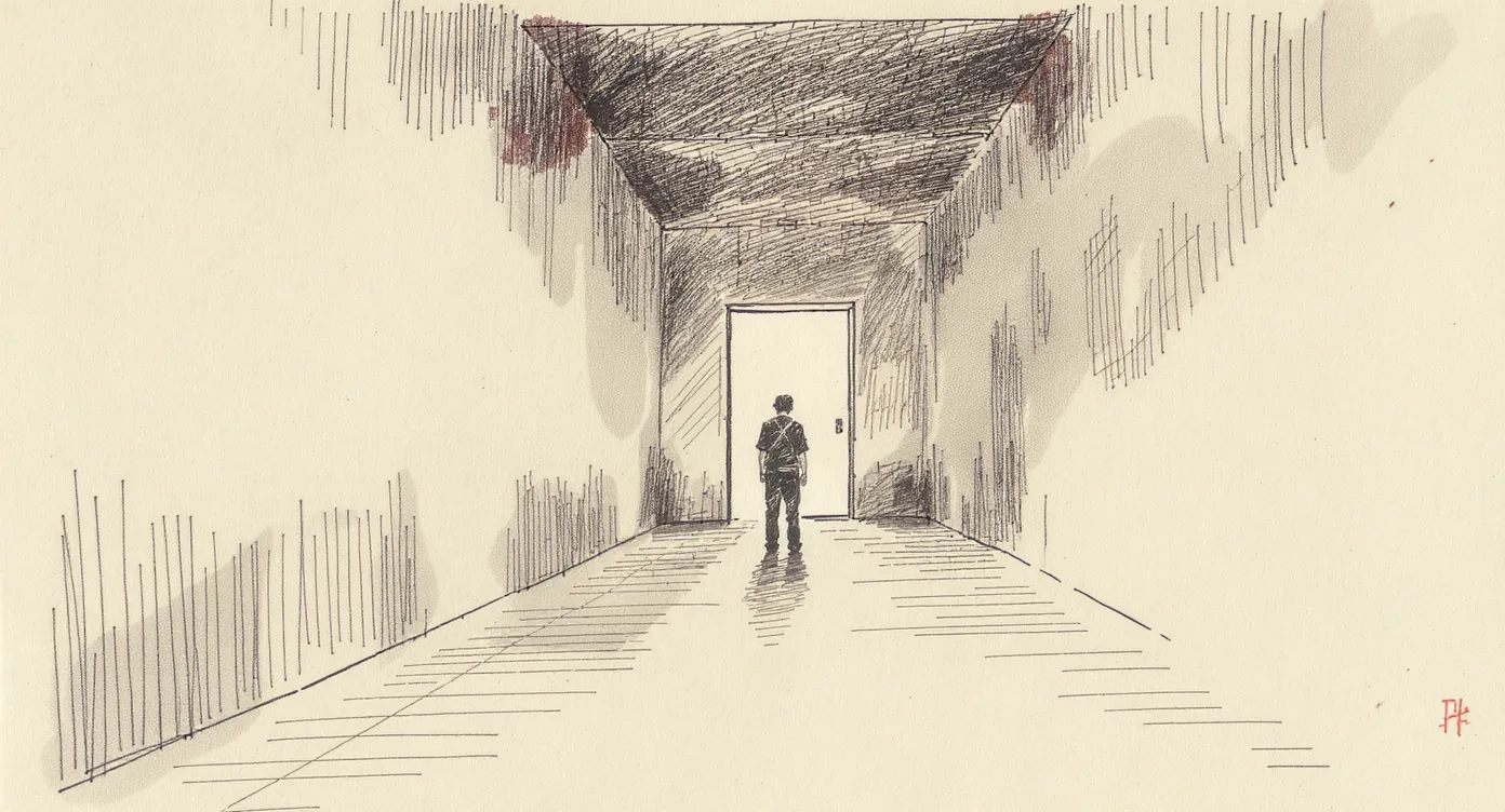 A long corridor viewed from one end, with a closed door at the far end leaking warm light underneath it, and a solitary figure standing in the hallway with their back to the viewer, outside the room and waiting.