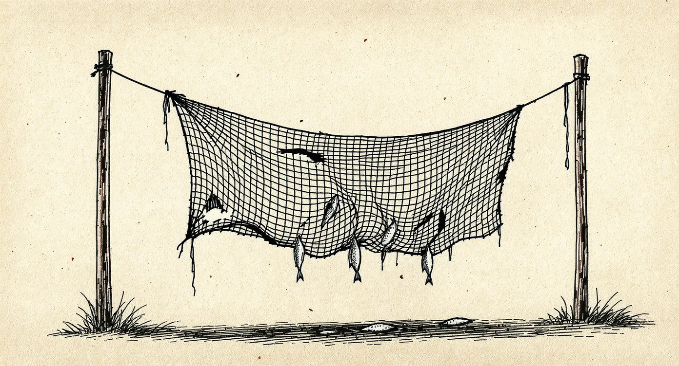 A fishing net strung between two wooden posts, mostly intact but with several small holes and one larger tear near the center; a few small fish lie on the ground beneath the gaps while the bulk of the catch remains held.
