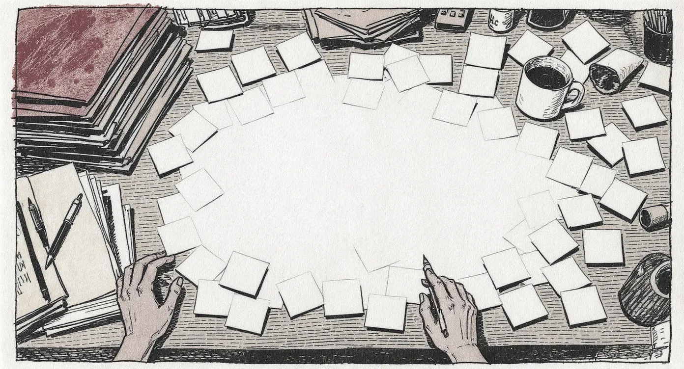 Overhead view of a desk covered in overlapping blank sticky notes in various states of crumple and flatness, with one hand holding a pen poised mid-sort over the pile, and a cold coffee mug at the edge of the frame.