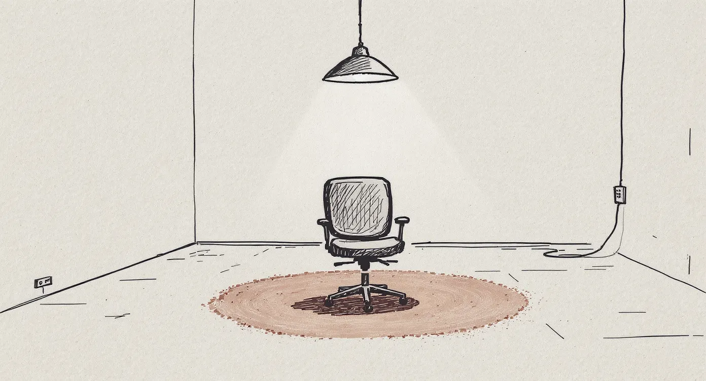 A lone chair under a lamp in a room where the dust outlines of a table and many surrounding chairs are still visible on the floor, the furniture itself long gone.