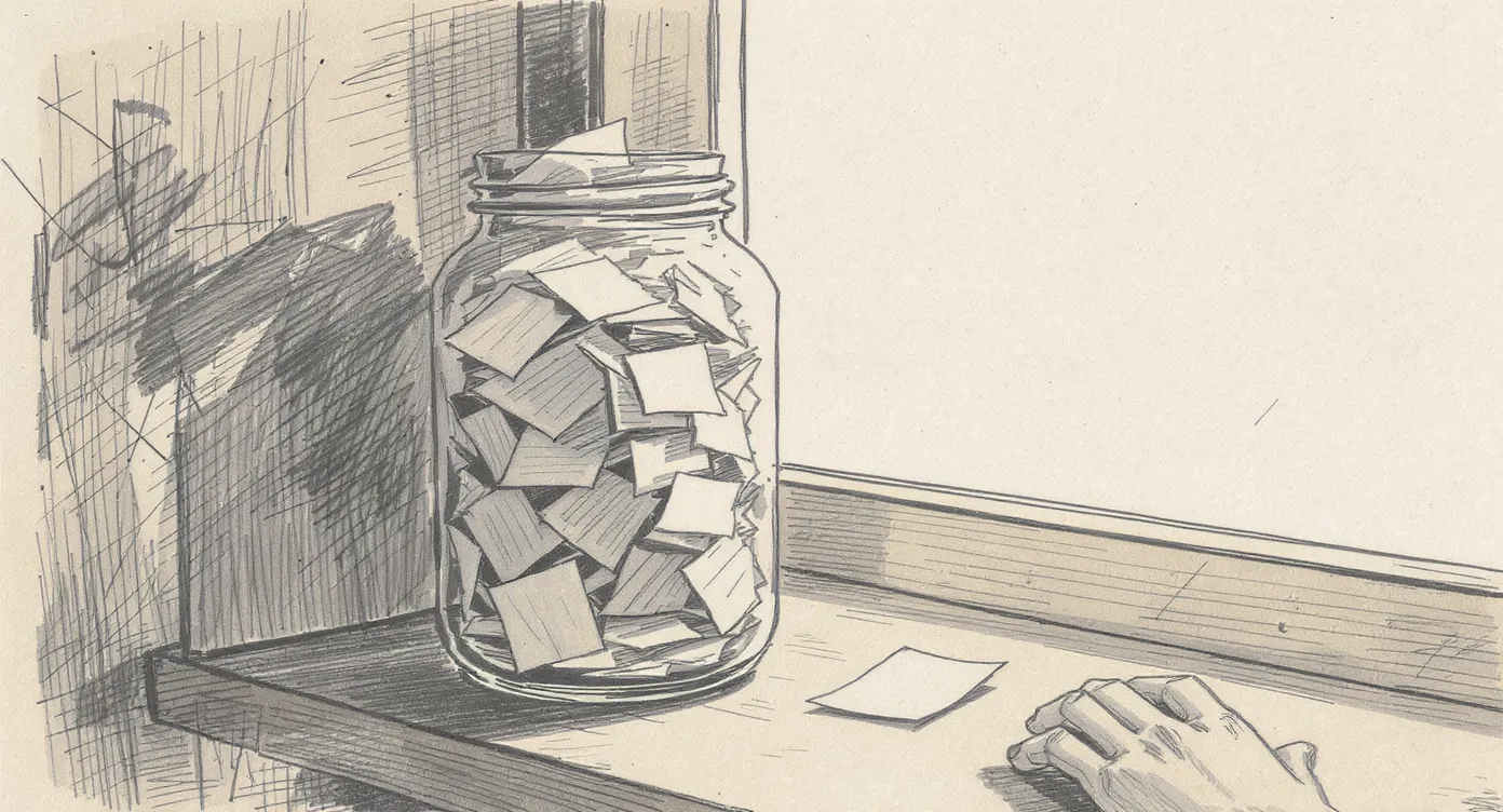 A glass jar crowded with folded paper slips sits on a sunny windowsill; one slip has been unfolded and set beside it while the rest remain inside.