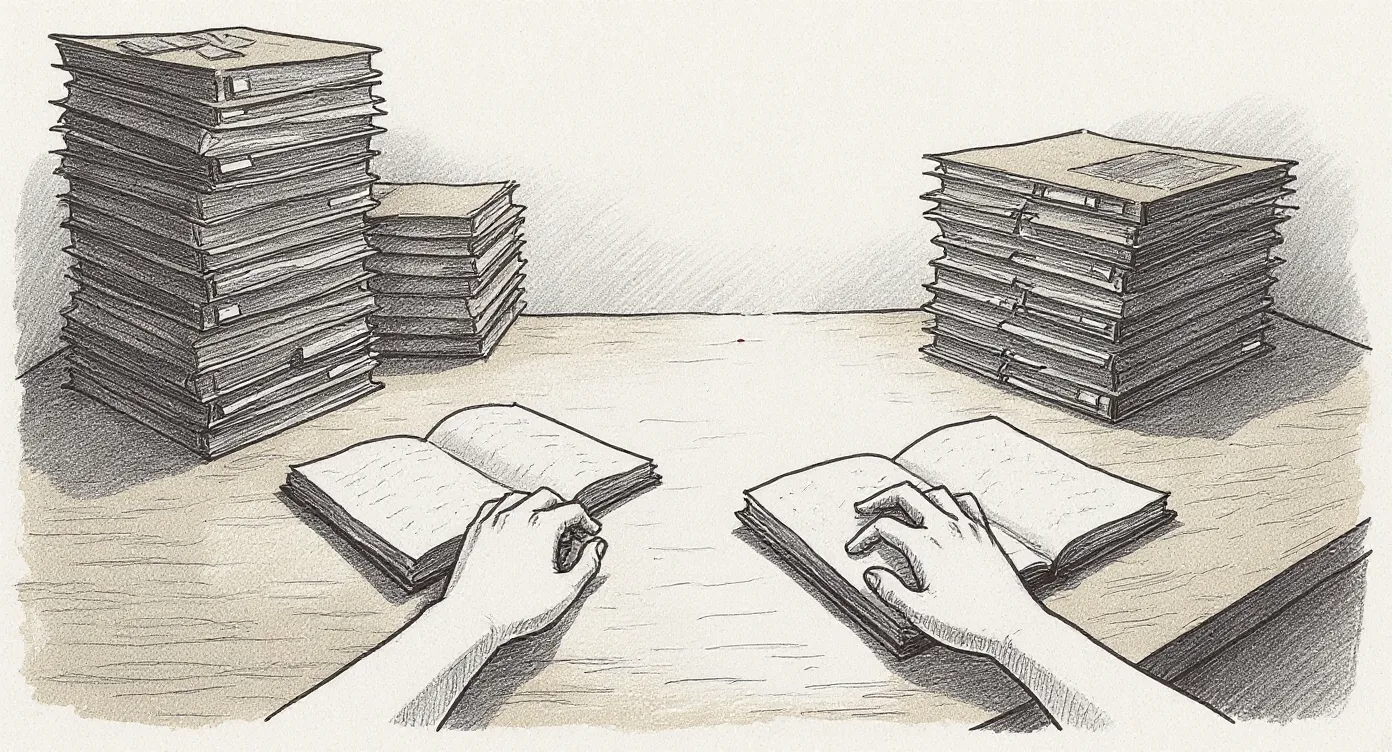 Priya at a desk with fifteen bulky binders shoved to the far edge and only two slim open notebooks in front of her, her hands resting on them in quiet ownership.