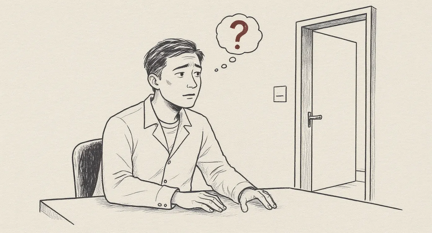 A CFO figure leaning forward with quiet curiosity toward an open doorway, his tense raised finger now resting flat on the table, a fading question-mark bubble above him.