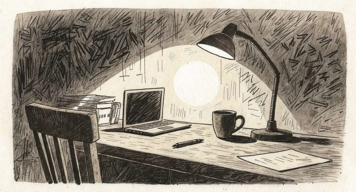 A sparse desk in the warm glow of a single lamp at night, with a closed laptop at the edge and a half-empty mug near the center, papers face-down in the shadows.
