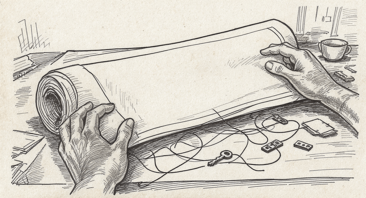 Hands holding a half-unrolled blank blueprint over a desk where threads connect small everyday objects—a cup, a hinge, a key, a folded paper.