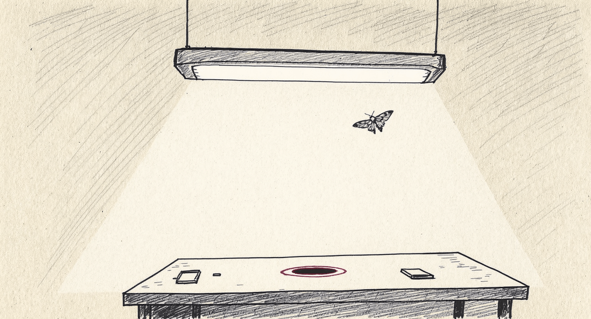 A flickering fluorescent ceiling light over an empty desk, a moth circling it, the surrounding room fading into shadow.