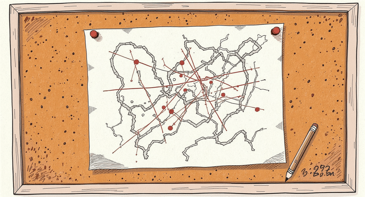 A corkboard with a revised diagram—old connection lines crossed out, new string routes added between pushpins, ghost marks of previous pin holes still visible in the cork. A spent pencil lies in front of it.