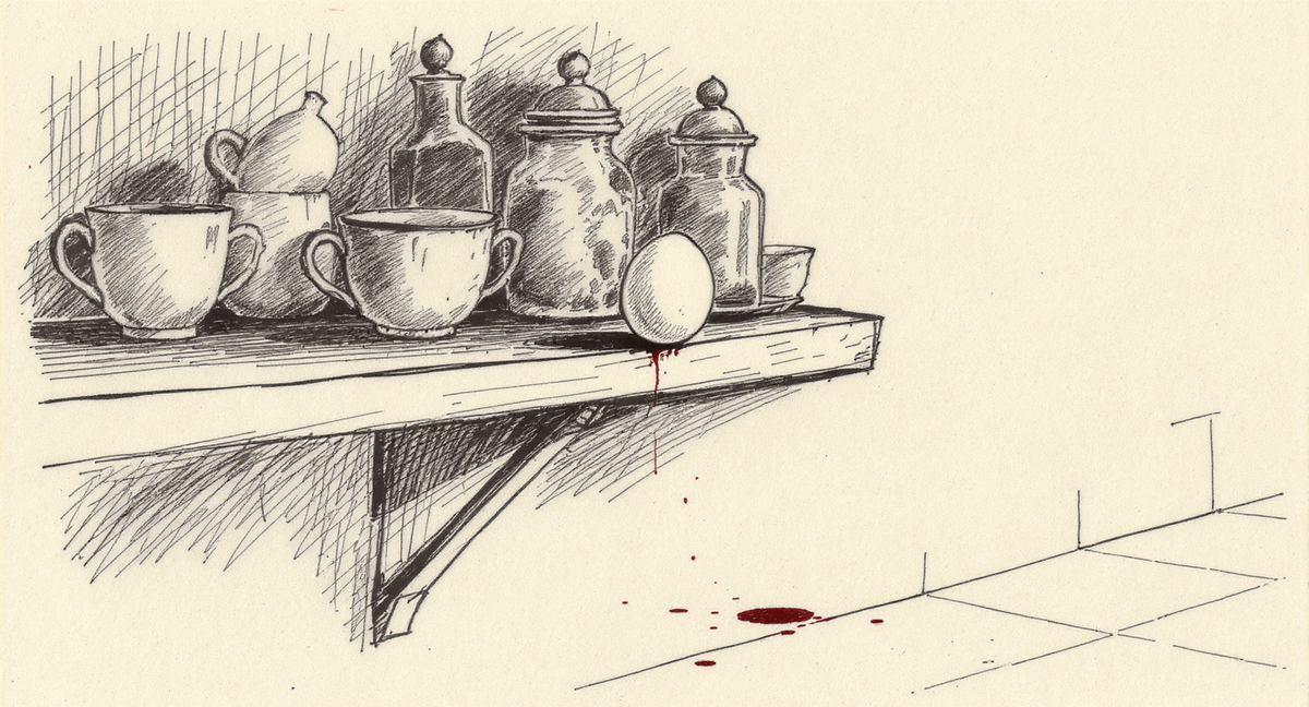 An egg balanced at the very edge of a crowded shelf, with a hard floor visible below, suggesting imminent concentrated catastrophe.