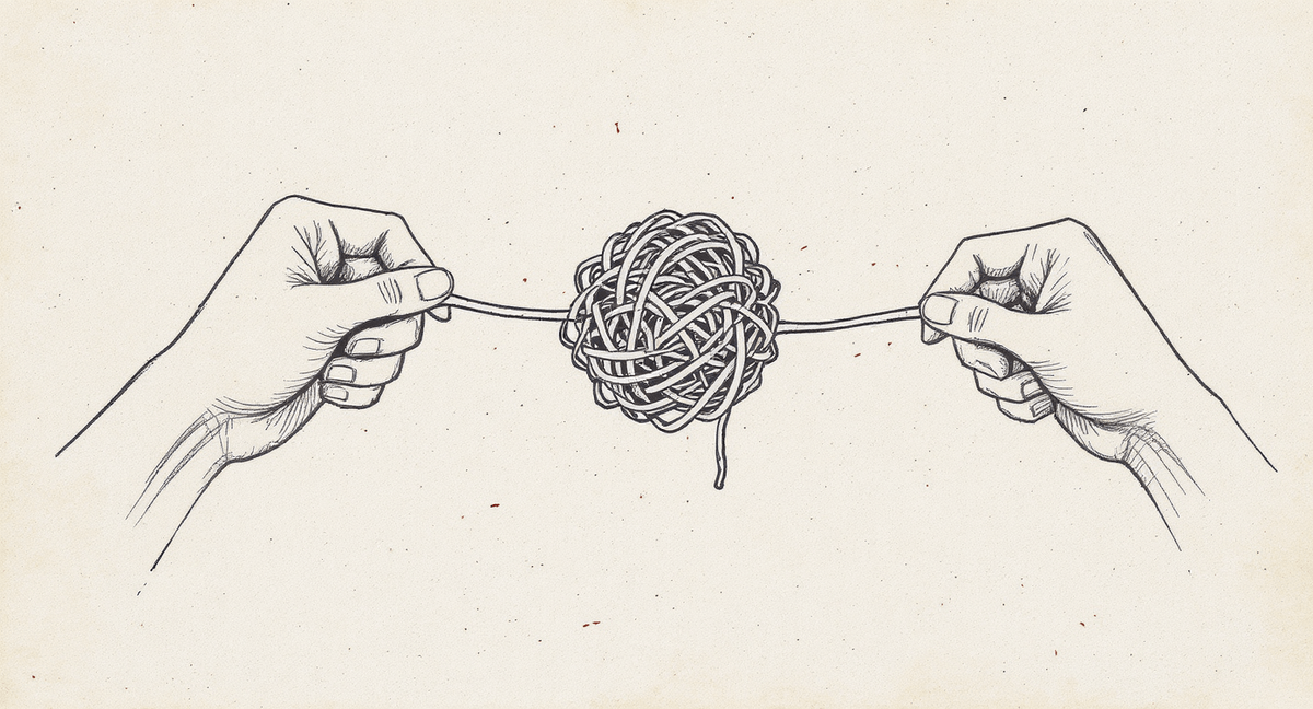 Two pairs of hands each holding an end of a single dense tangle of rubber bands, carefully trying to separate them without breaking anything.