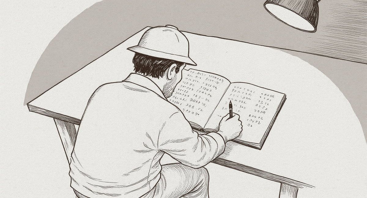 Daniel, seen from behind at a lit desk, bent over a notebook full of handwritten calculations in a dark room, working alone.