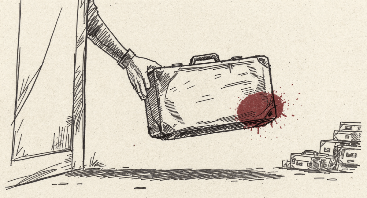 A bulging, worn suitcase being passed across a bare doorframe from hands that release easily to hands that strain under the weight, with more luggage already piled on the receiving side.