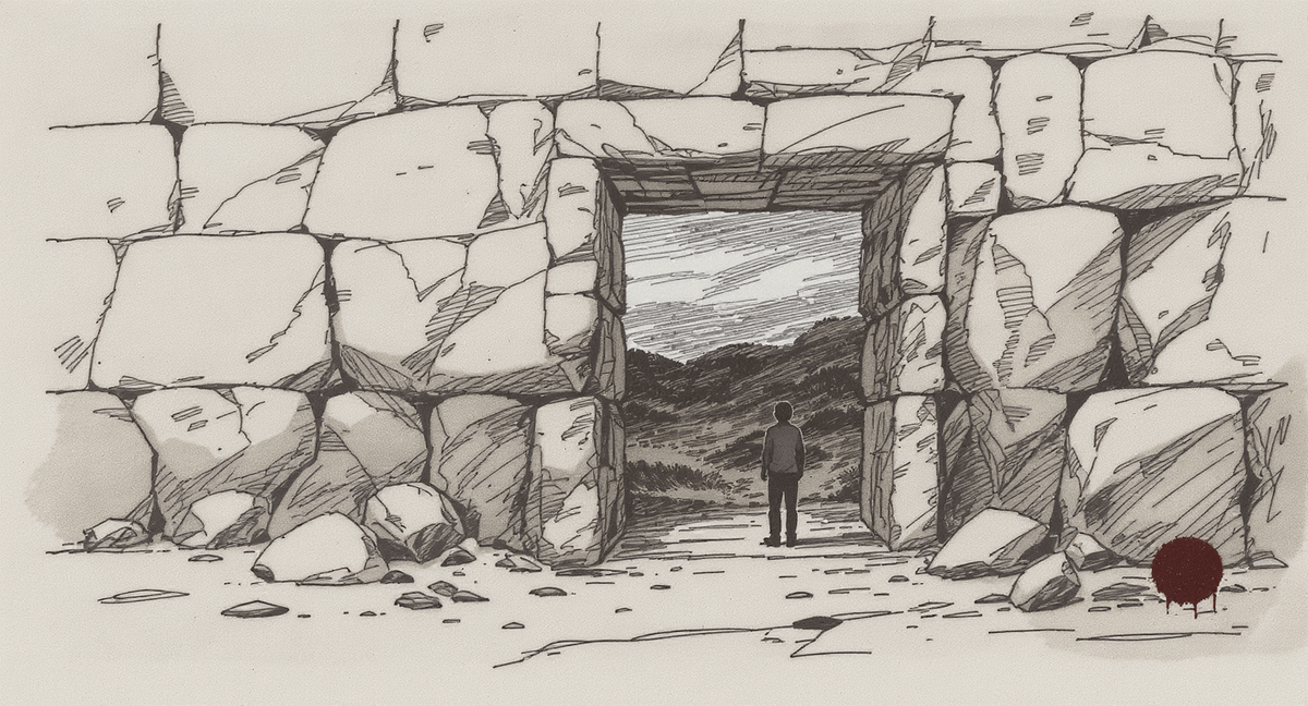 A figure rests a hand on a thick stone wall beside a narrow vertical gap, peering through at a different landscape beyond, deciding whether the gap is wide enough to be worth it.