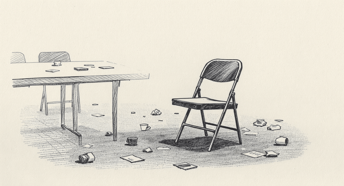 A lone folding chair pushed back from the end of a long conference table cluttered with empty coffee cups and paper, lit by low afternoon light, suggesting hasty departure.