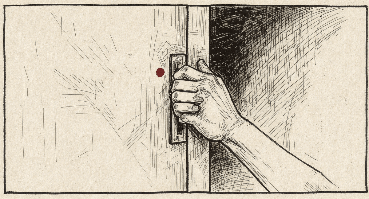 A single hand pressing against a plain door to hold it open a few inches, with warm light visible through the gap, stopping the meeting from ending on schedule.