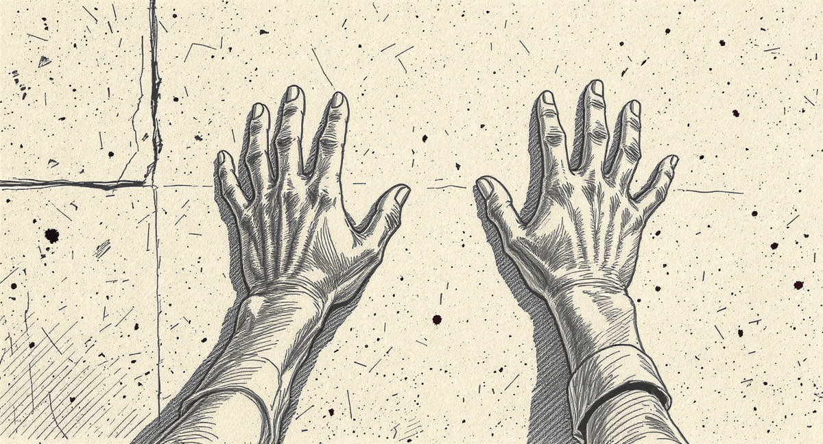 Two hands pressing flat against a smooth concrete wall, one braced with effort, the other open in surrender, sleeves rolled—the wall unmoved.
