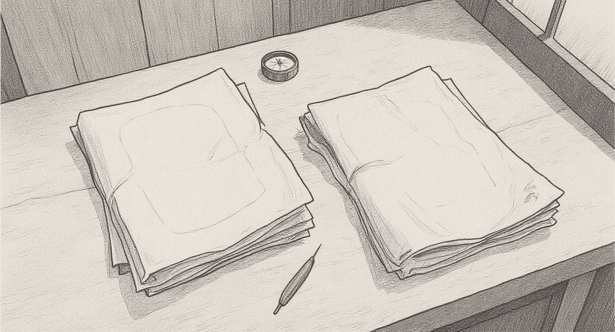 Naomi standing at a worn desk, looking down at two folded maps side by side—one pristine, one heavily used—with a compass resting between them and afternoon light crossing the scene.