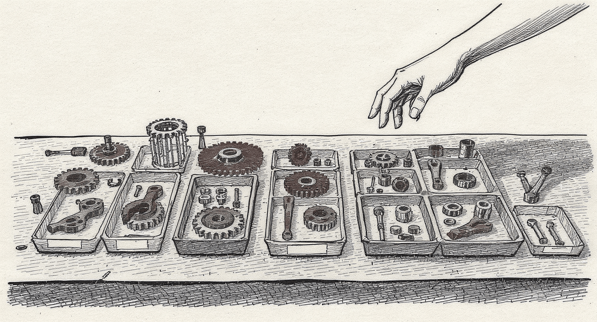 A workbench covered in perfectly made but completely unassembled mechanical components, each in its own tray, with a hand hovering above them as if unsure where to begin.