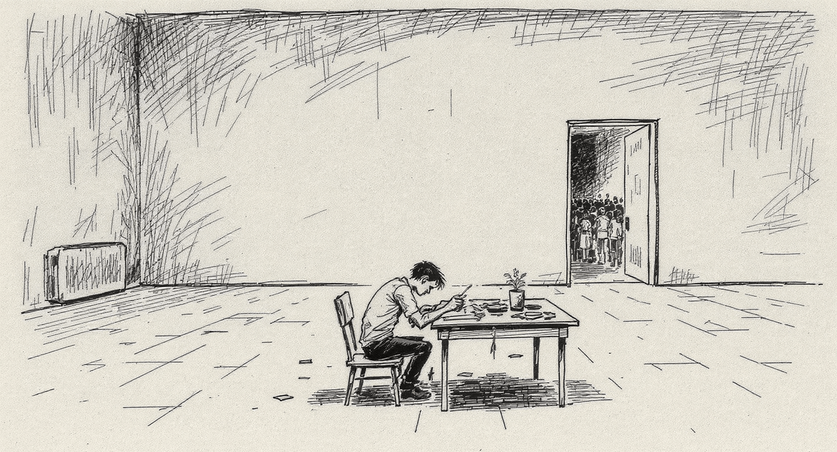 A small solitary figure working alone at a desk in a large empty room, surrounded by cheerful disorder—spilled papers, a worn eraser—while through a far doorway a crowd waits unseen.