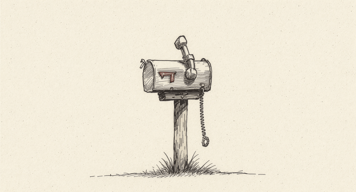 A vintage curbside mailbox with its door open and flag up, a rotary telephone handset perched improbably on top of its lid, the coiled cord drooping down the post into the grass.