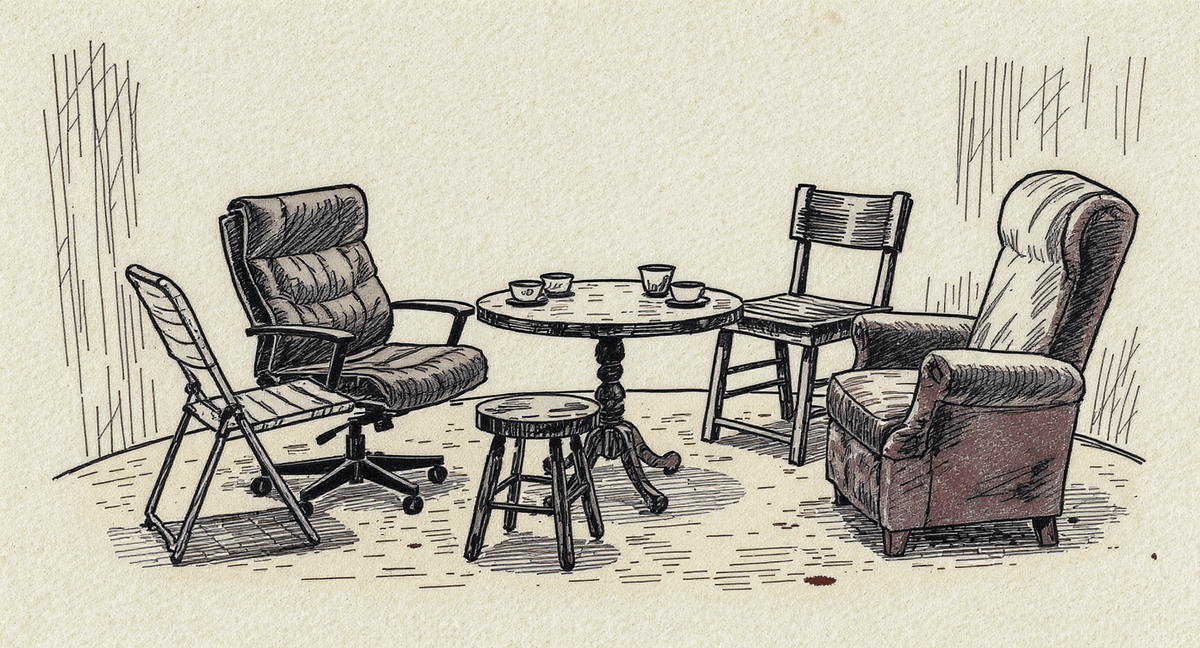 Four completely mismatched chairs—a folding chair, an office chair on wheels, a wooden stool, and a battered armchair—pulled into a tight circle around a tiny table with four coffee cups on it, all seats empty but visibly mid-use.