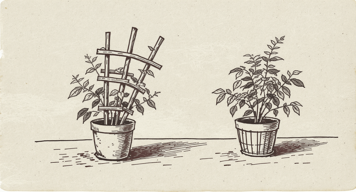 Two similar plants on a workbench: one growing through a trellis rooted in its own soil, one wrapped around a freestanding wire armature set beside but separate from the pot.