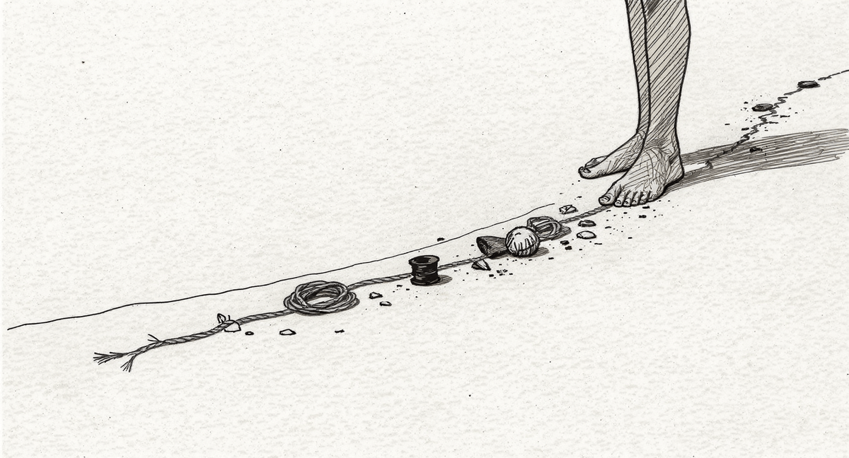 A tideline of small debris—rope, shells, a spool—curving across sand, with a pair of bare feet standing just behind it on the dry side.