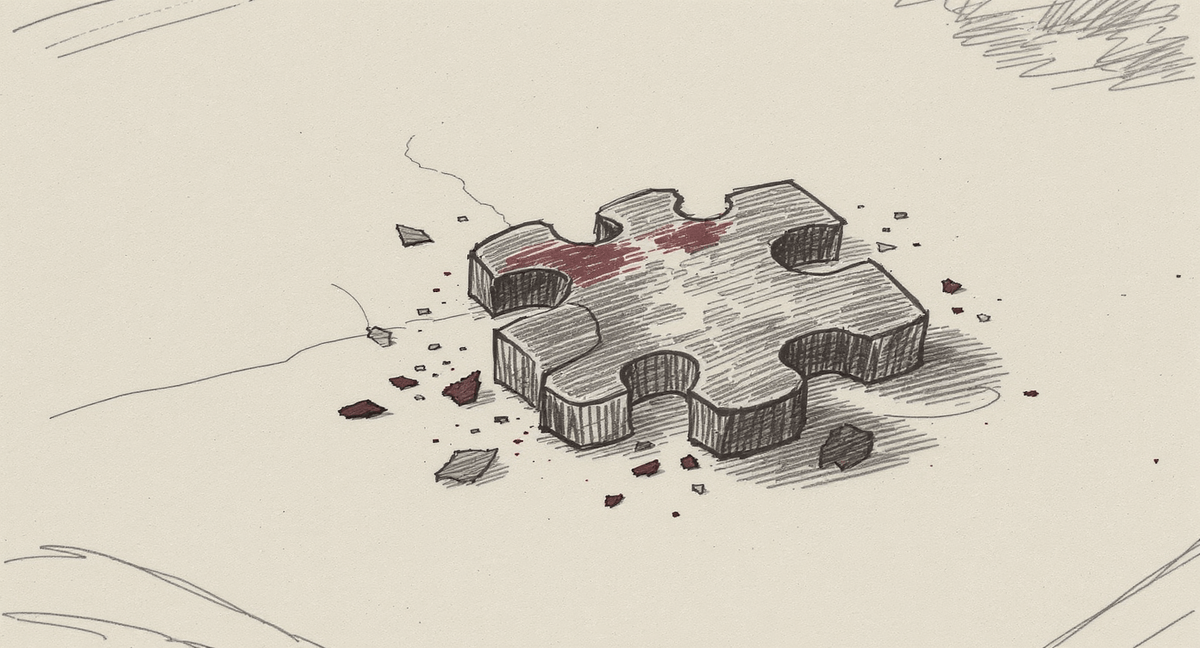A puzzle piece with its edges re-cut so many times that its silhouette is jagged and uncertain, surrounded by shavings and erased ghost shapes of its former outlines.