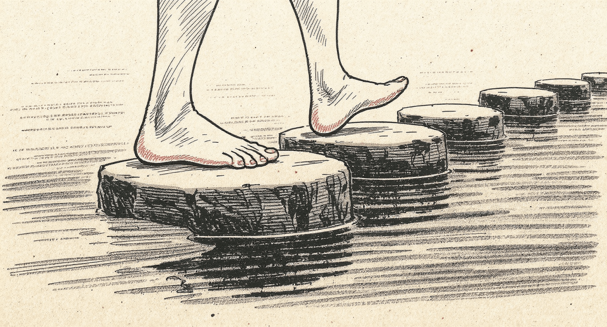 Bare feet mid-step on stepping stones across a dark river, one foot planted, one hovering, the water below opaque and the far bank barely visible.