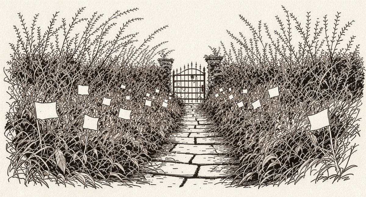An overgrown garden path nearly swallowed by vines, with dozens of small blank marker flags planted throughout the growth and a rusted open gate at the far end.