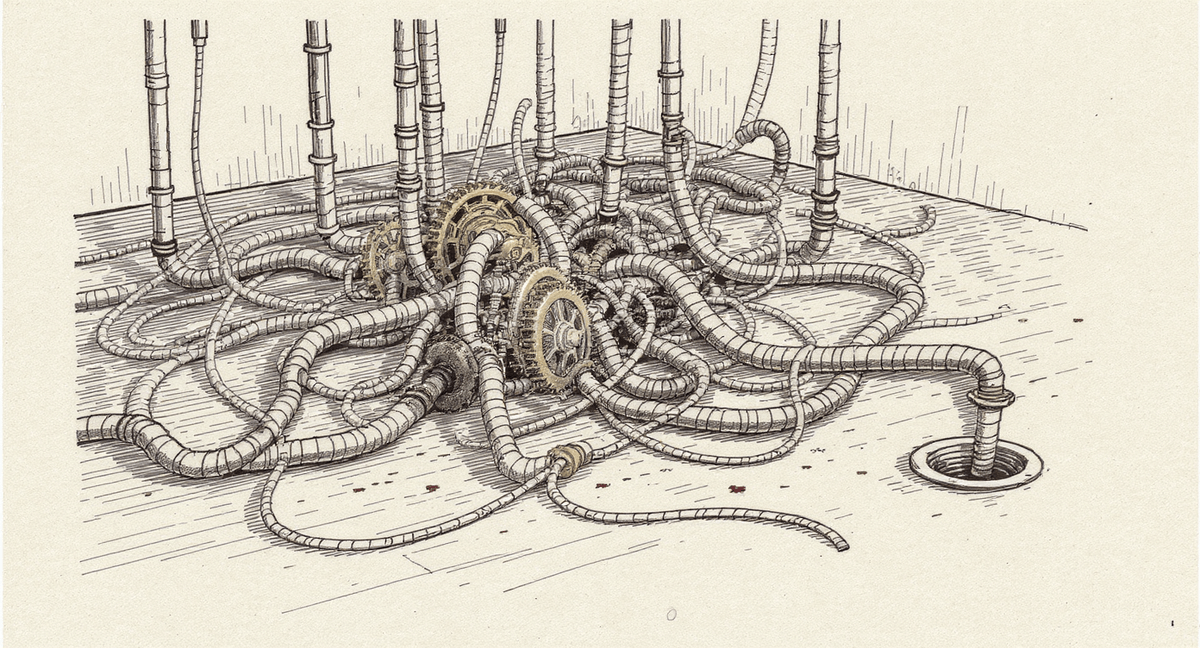 A hand-drawn illustration of an overcomplicated network of pipes, gears, and tubes sprawling across a surface, with nearly every branch looping uselessly back on itself, while a single modest pipe quietly does the actual work at the end.