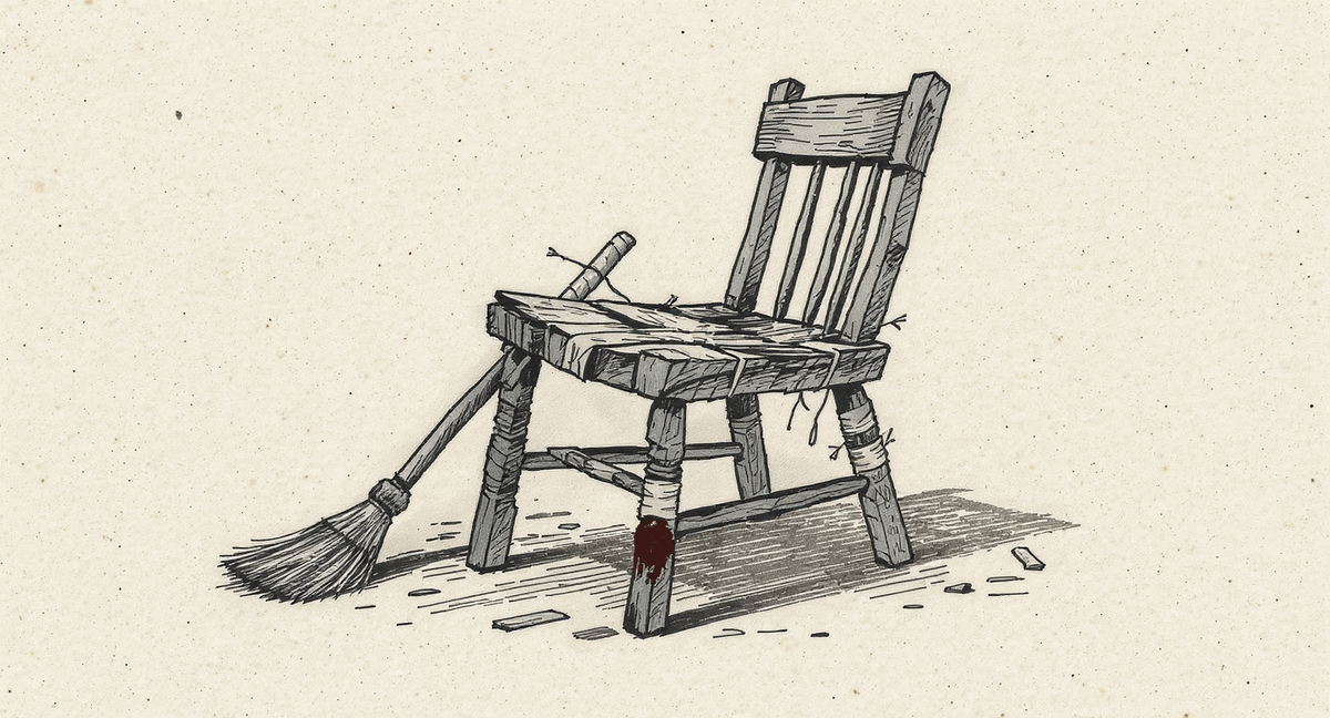A hand-drawn illustration of a chair repaired so many times with incompatible materials—tape, wire, planks, a broom-handle leg—that it now looks more fragile and complicated than the chair it was originally meant to be.