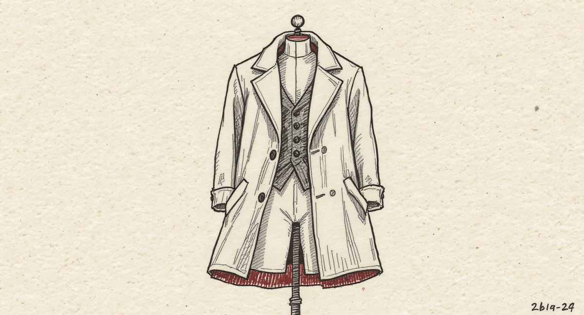A dress-form mannequin wearing two conflicting outfits at once: a formal coat draped over a mismatched garment underneath, with clashing collars and the inner layer visible at every seam.