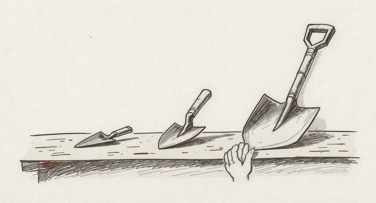 Three digging tools of increasing size arranged in sequence on a workbench—a trowel, a spade, and a full shovel—with a hand resting lightly on the smallest one.