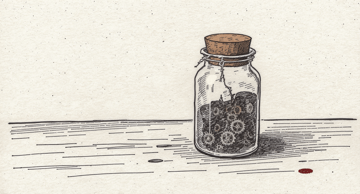 A sealed glass jar containing small turning gears sits on a bare wooden table beside an open, waiting hand that cannot reach inside it.