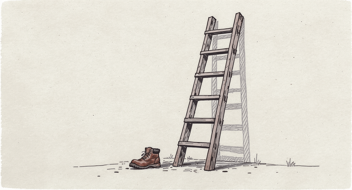A five-rung wooden ladder leans against a wall; the lowest rung is worn smooth from use while the top rung remains rough and barely touched. A muddy unlaced boot rests at the ladder's base.
