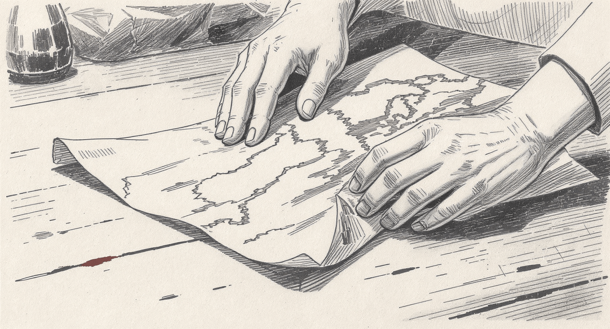 Two hands pressing flat a large, heavily-creased paper map on a wooden table, one corner damp and curling upward.