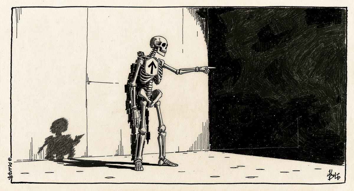 An anatomical skeleton assembled from metal pipe sections and road-sign arrows, standing upright with one arm extended, casting a long shadow.