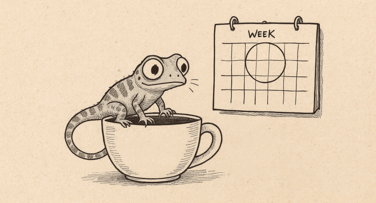 The Migration Newt, a small anxious salamander with huge worried eyes, perching on the edge of an oversized coffee mug and staring at a wall calendar with one week circled.
