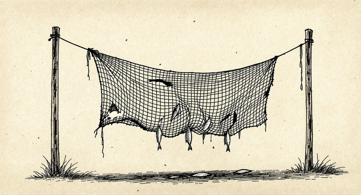A fishing net strung between two wooden posts, mostly intact but with several small holes and one larger tear near the center; a few small fish lie on the ground beneath the gaps while the bulk of the catch remains held.
