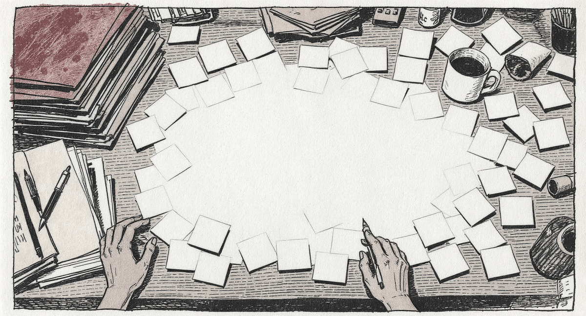 Overhead view of a desk covered in overlapping blank sticky notes in various states of crumple and flatness, with one hand holding a pen poised mid-sort over the pile, and a cold coffee mug at the edge of the frame.