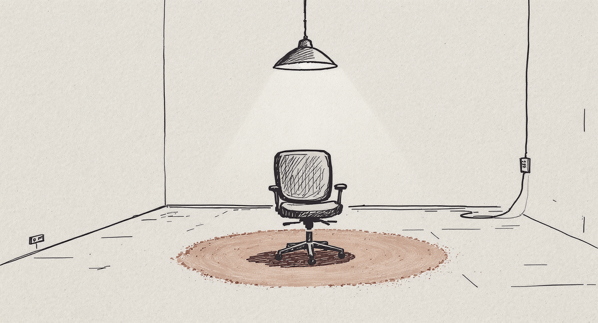A lone chair under a lamp in a room where the dust outlines of a table and many surrounding chairs are still visible on the floor, the furniture itself long gone.
