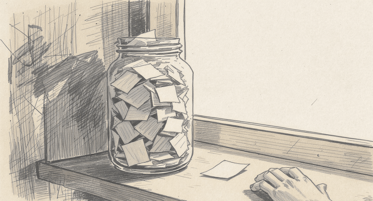 A glass jar crowded with folded paper slips sits on a sunny windowsill; one slip has been unfolded and set beside it while the rest remain inside.