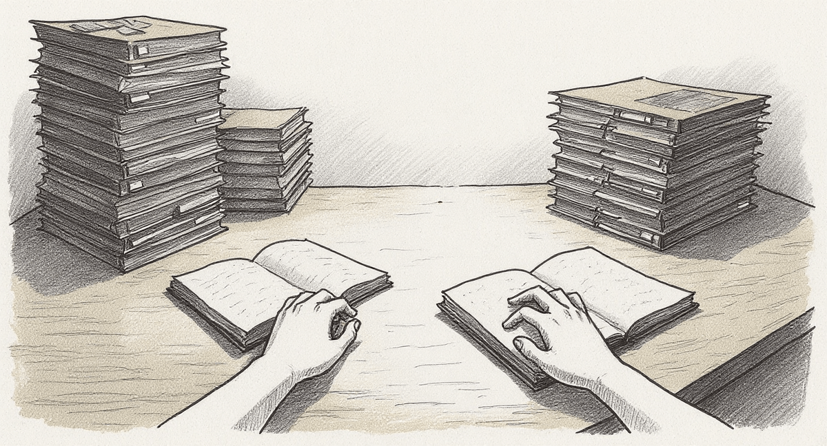 Priya at a desk with fifteen bulky binders shoved to the far edge and only two slim open notebooks in front of her, her hands resting on them in quiet ownership.