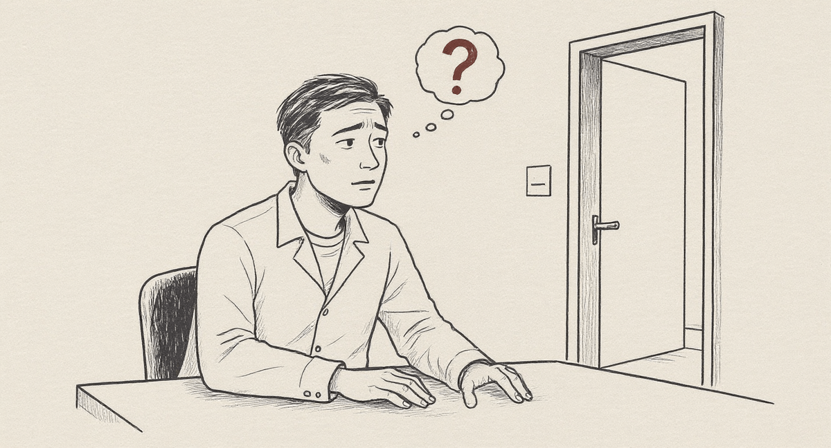 A CFO figure leaning forward with quiet curiosity toward an open doorway, his tense raised finger now resting flat on the table, a fading question-mark bubble above him.