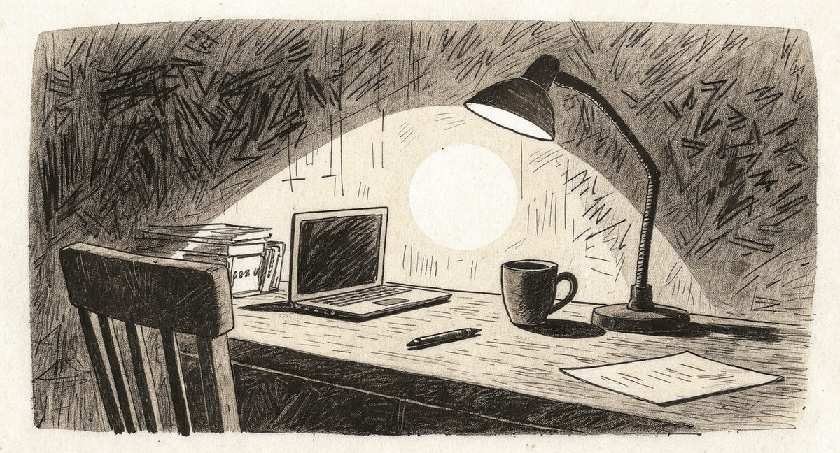 A sparse desk in the warm glow of a single lamp at night, with a closed laptop at the edge and a half-empty mug near the center, papers face-down in the shadows.