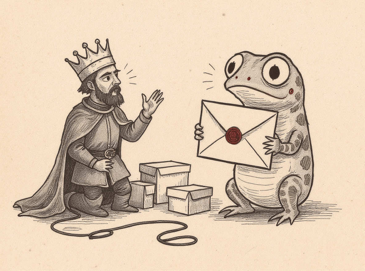 A king kneels in despair among blank cardboard boxes and a stray cable, pleading with the Migration Newt, who calmly holds up a sealed envelope far too big for it.