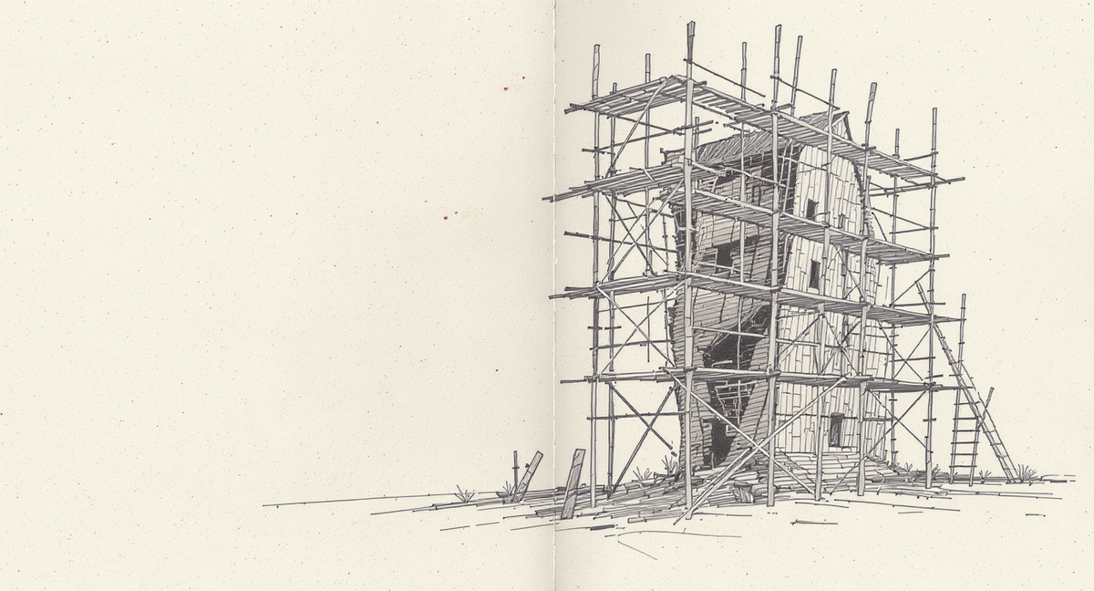 A hand-drawn illustration of a wooden scaffold built around a small structure. The scaffold is orderly with color-coded rope ties at each joint, but the building inside has grown an unplanned wing that punches straight through the scaffold's side, sending planks askew. The rest of the scaffold stands as if nothing is wrong.