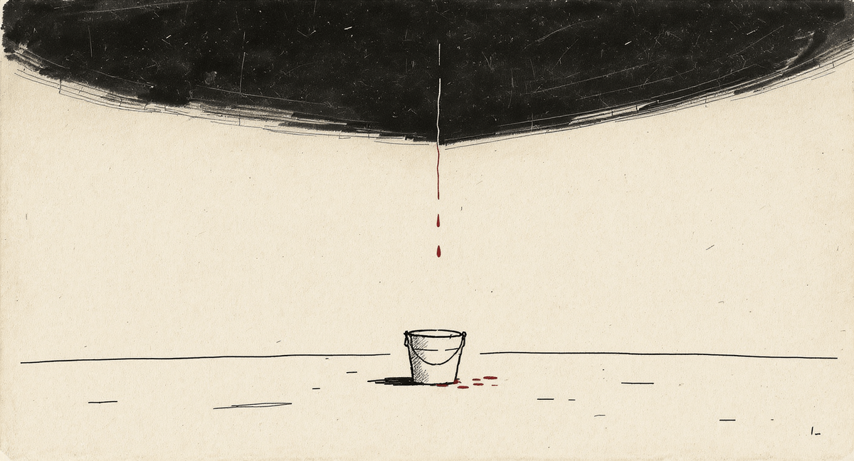 A small bucket on a bare floor under a vast dark ceiling, nearly full from a slow steady drip falling from the darkness above.
