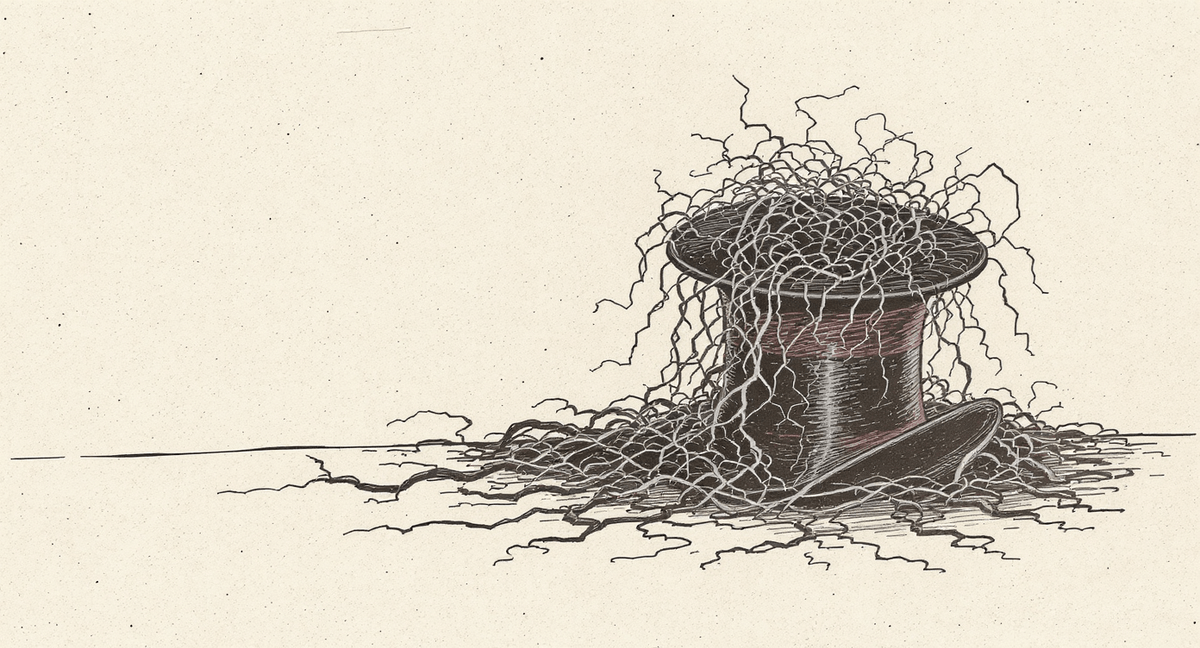 A glossy magician's hat tipped on its side on a bare table, with a dense snarl of roots and cables spilling out from its brim onto the table surface.