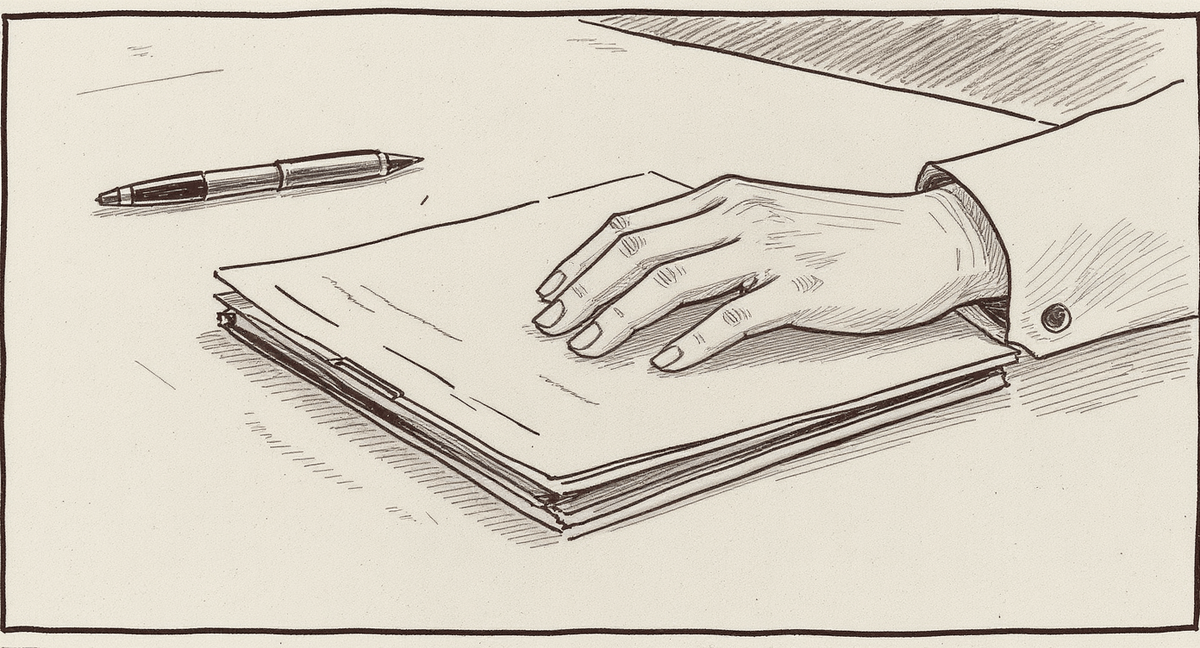A steady hand resting on a closed folder on a desk, an uncapped pen lying beside it. The scene is still and spare.